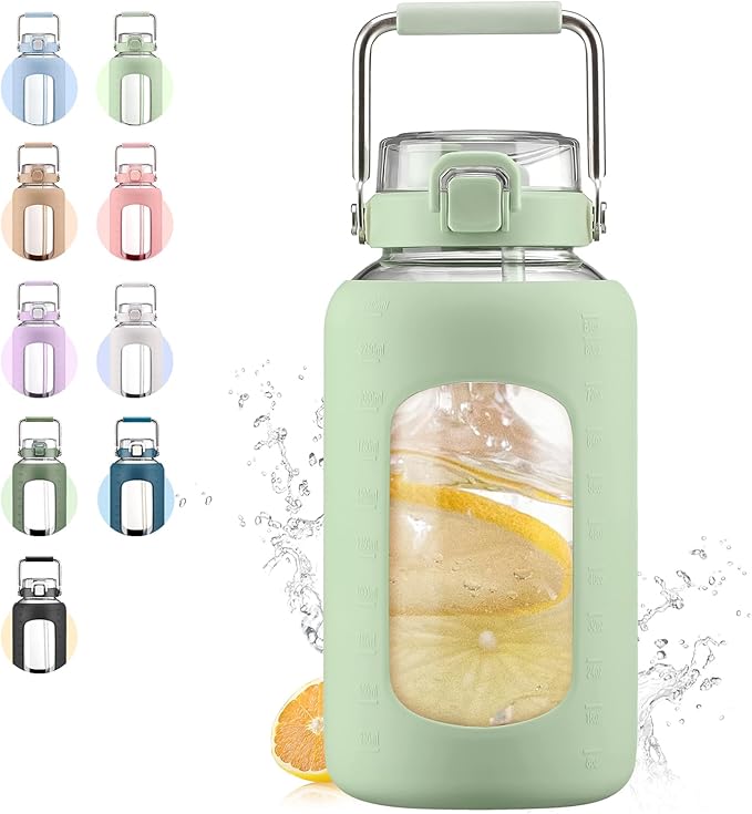 84oz Glass Water Bottle with Stainless Steel Handle,2.5L Gallon Water Bottle With 2-IN-1 Straw Lid, Silicone Sleeve and Motivational Capacity Marker, Wide Mouth Water Jug For Gym, Workout, Green