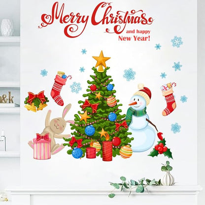 Christmas Tree Snowman DIY Wall Stickers Merry Christmas Wall Decal Removable for Wall Living Room Bedroom Decoration