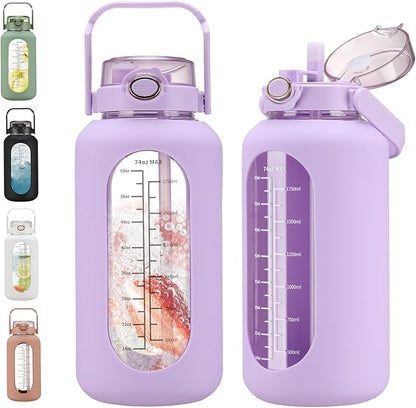 74 oz Glass Water Bolttles with Straw Large Motivational Water Bottle with Time Marker Sports Water Bottles with Silicone Sleeve and Handle Lid 2.2L Water Jug for Gym Workout