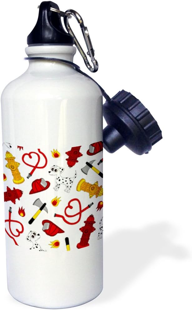 3dRose Cute Fireman-Firefighter Love Pattern White-Sports Water Bottle, 21oz , Multicolored