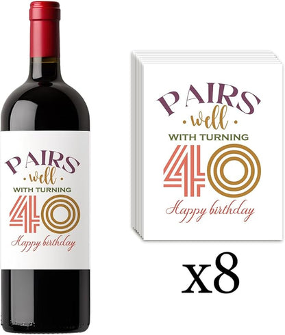 8 Pcs 40th Birthday Gifts for Women Men Wine Labels, Happy 40th Birthday Party Decorations Woman Man Wine Bottle Stickers, 40 Year Old Bbirthday Gifts for Women, 40th Wine Bottle Labels