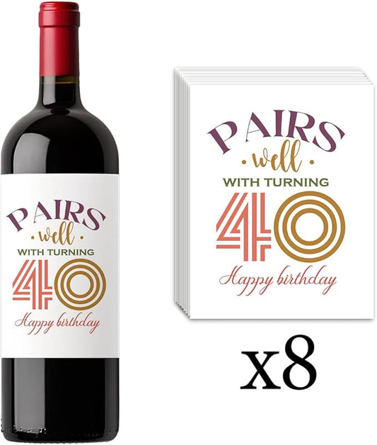 8 Pcs 40th Birthday Gifts for Women Men Wine Labels, Happy 40th Birthday Party Decorations Woman Man Wine Bottle Stickers, 40 Year Old Bbirthday Gifts for Women, 40th Wine Bottle Labels