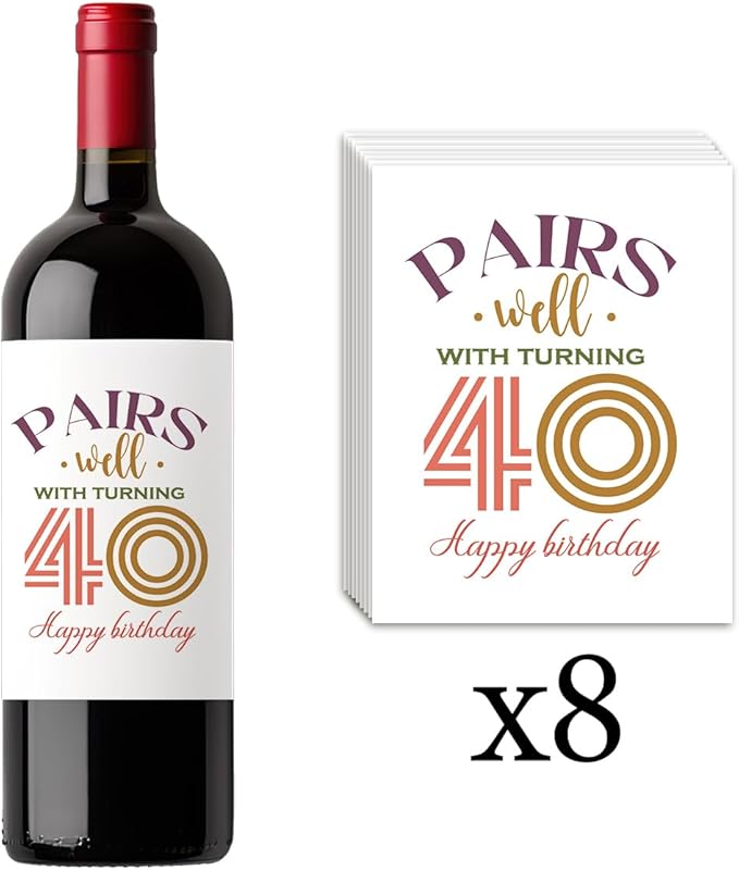 8 Pcs 40th Birthday Gifts for Women Men Wine Labels, Happy 40th Birthday Party Decorations Woman Man Wine Bottle Stickers, 40 Year Old Bbirthday Gifts for Women, 40th Wine Bottle Labels