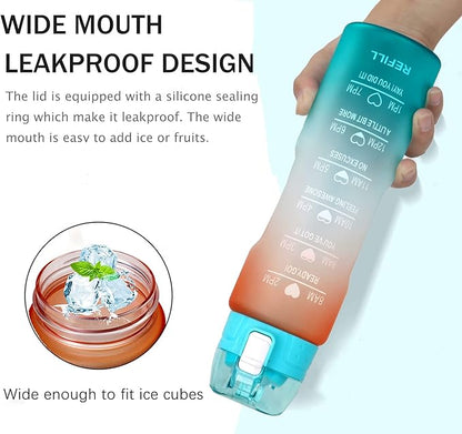 XACIOA Water Bottle with Straw,32oz Plastic Cup with Motivational Time Marker,1L Tritan Sport Lightweight Leakproof BPA-Free,Wide Mouth Fast Flow Ensure You Have Times to Drink,with Straw & Cup Brush