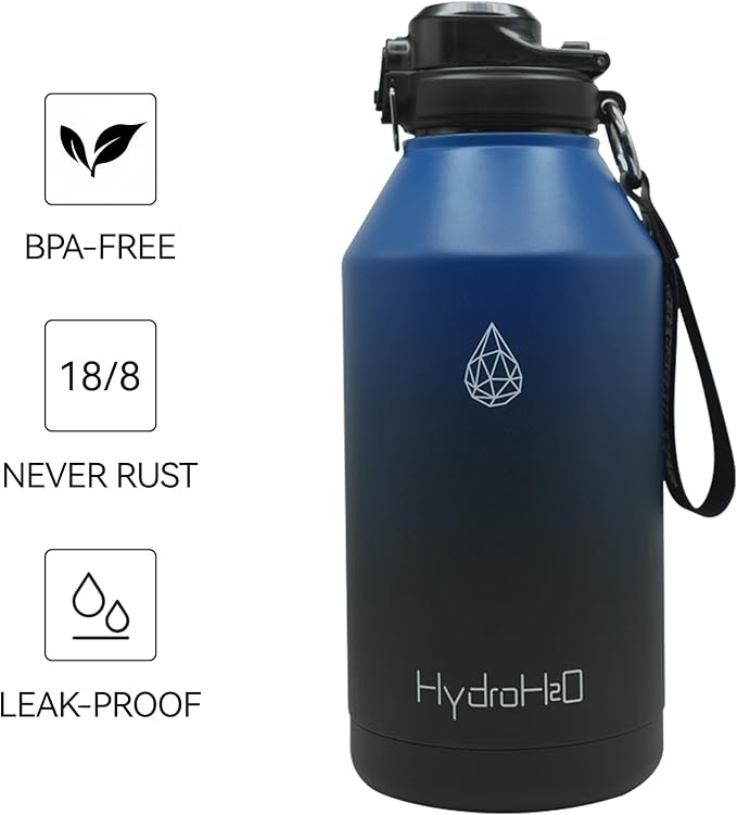 64 oz Insulated Water Bottle With Straw Pop-up & Auto Spout Lid, Flex Handel, Waterbottle Strap Carrier, Half Gallon Stainless Steel Water jug (Indigo Gradient)
