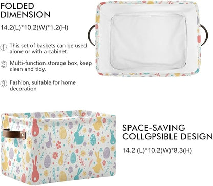 Happy Easter Day Eggs Bunny Storage Basket Fabric Laundry Baskets Easter Rabbit Peeps Spring Flowers Storage Boxes Organizer Bag for Baby Cloth Toy Book Storage Cubes Shelf Closet Bins 16×12×8 Inches