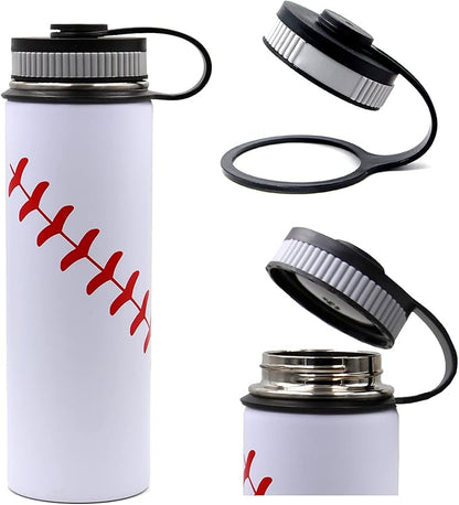 22 oz Baseball Water Bottle, Flask Sports with 2 Lids Double Wall Vacuum Insulated Stainless Steel Wide Mouth Hot & Cold Thermo Mug (22oz, White baseball)