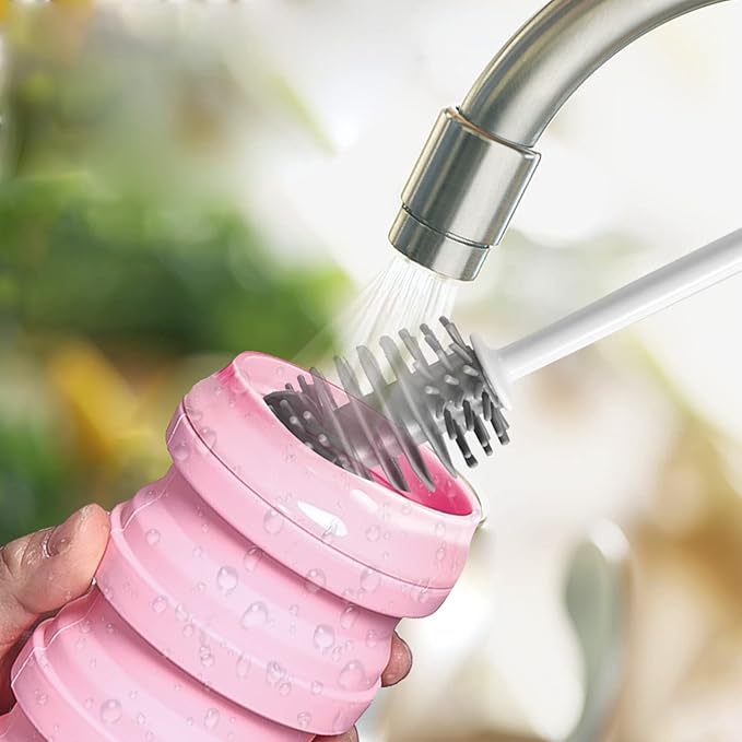 BeHeSo Collapsible Water Bottles with Silicone Brush - Straw Silicone Foldable Water Bottle Reusable Camping Cup Leak Proof Portable Travel Sport Water Bottle-500ml/17oz (Pink)