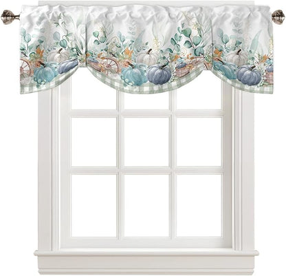 Fall Thanksgiving Blackout Tie Up Valance Curtains for Kitchen Windows Navy Blue Pumpkins Green Eucalyptus Leaves Window Toppers Balloon Shades for Living Room/Bathroom/Bedroom,54" X 18",Sage Plaid