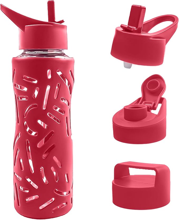 25oz Glass Water Bottles with Silicone Sleeve, 3 Different Lids (BPA Free) for Wide Mouth Glass Drink Bottles for Fitness and Outdoor (Red)
