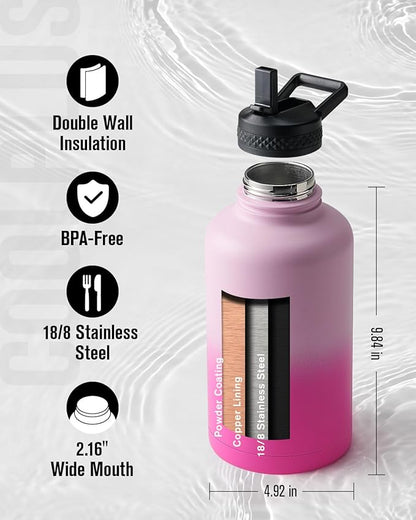 64oz Insulated Water Bottle, Coolplus Half Gallon Water Jug With Straw Stainless Steel Double-Walled Vacuum Metal Large Flask With Carry Sleeve Bpa-Free Leakproof, Keep Cold 48 Hrs, Pink