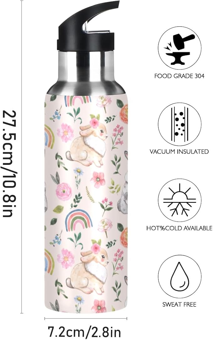MNSRUU Insulated Water Bottle with Straw, Rainbow and Unicorns Stainless Steel Flasks for Sports Cycling Hiking School