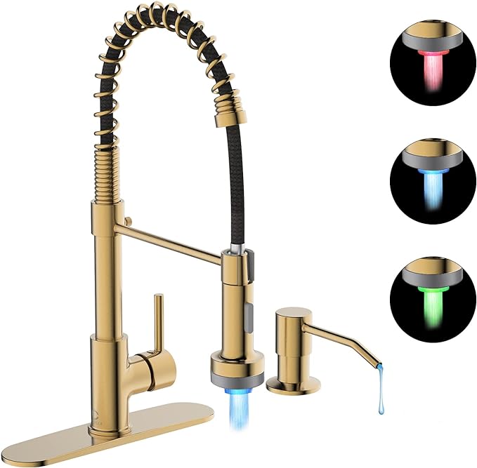 LED Kitchen Faucet, Brushed Gold Kitchen Faucet with Soap Dispenser and Deck Plate, Faucet for Camper Farmhouse RV Kitchen Sink, Single Handle Kitchen Sink Faucets with Pull Down Sprayer