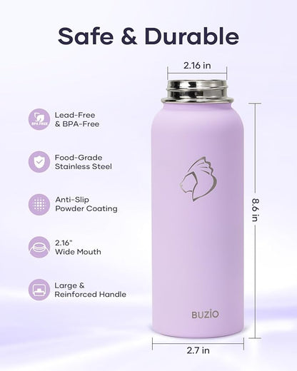 40 oz Insulated Water Bottle with Straw Lid, BUZIO Stainless Steel Water Flask Keep Cold 48h with Carrying Pouch, Lead-Free Double Wall Vacuum Thermo Tumbler Leak Proof Sport Metal Canteen, Purple