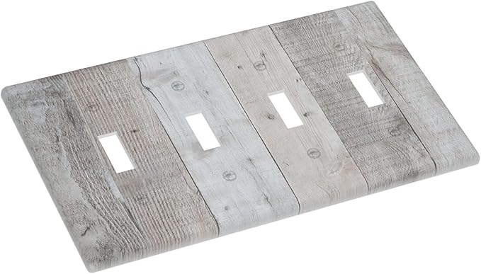 Rustic Grey Wood Shiplap Quad Toggle Light Switch Cover Decorative Vintage Country 4 Gang Wall Plate Electrical Faceplate Switchplate for Farmhouse Bathroom Bedroom Living Room Decor