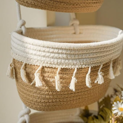 TeoKJ Over The Door Hanging Baskets, 3-Tier Woven Cotton Storage Organizer Bag with Tassels Wall-Mounted Decorative Hanging Nursery Baskets