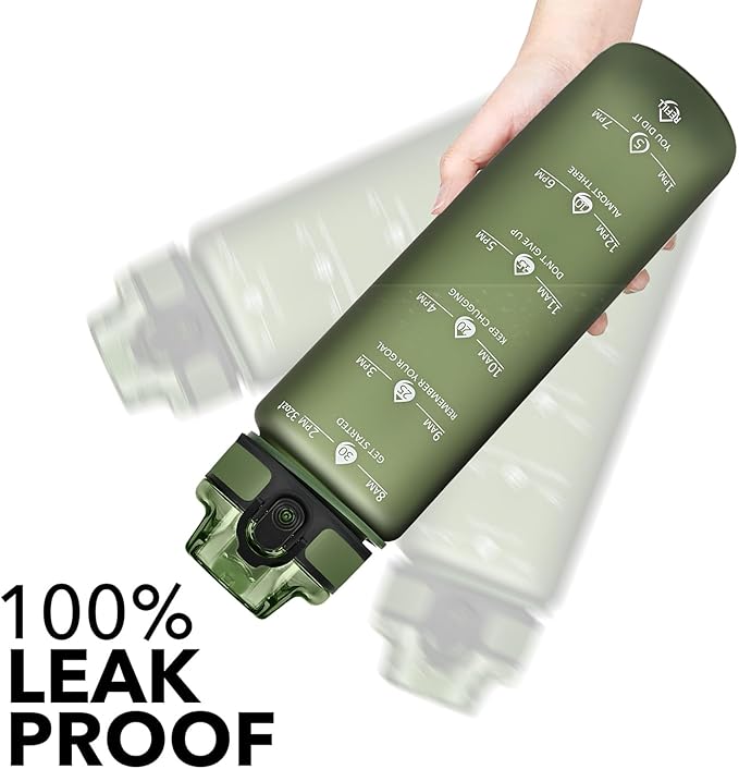 GOSWAG Water Bottles, 32 oz Motivational Sports Water Bottle with Straw and Time Marker to Remind You to Drink, Comes with Carry Strap, Leakproof