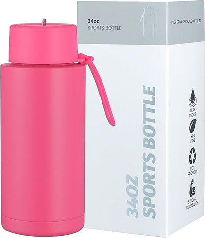 AGH 30oz Water Bottle - Double Wall Vacuum Insulated Stainless Steel Tumbler with Straw - Rose Red