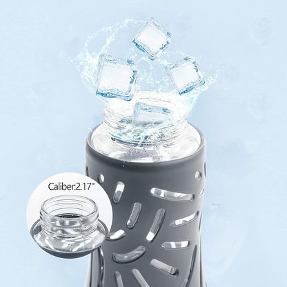 25oz Glass Water Bottles with Silicone Sleeve, 3 Different Lids (BPA Free) for Wide Mouth Glass Drink Bottles for Fitness and Outdoor (Grey)