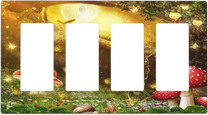 Red Mushroom Forest Fairy Moon Butterfly 4 Gang Rocker Decora Bohemian Light Switch Cover Decorative Outlet Covers Wall Plate Electrical Faceplate Switchplate GFCI for Kidroom Nursery Decor