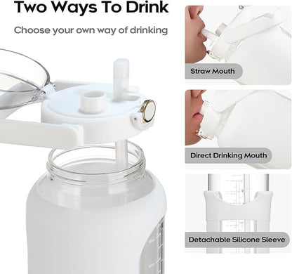 74 oz Glass Water Bolttles with Straw Large Motivational Water Bottle with Time Marker Sports Water Bottles with Silicone Sleeve and Handle Lid 2.2L Water Jug for Gym Workout