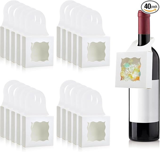 40PCS Wine Bottle Box with Window, Kraft Paper Wine Boxes for Gifts Hanging Wine Treat Box Mini Charcuterie Box Wine Champagne Bottles Gift Boxes Hanger Candy Box for Birthday Party Favor