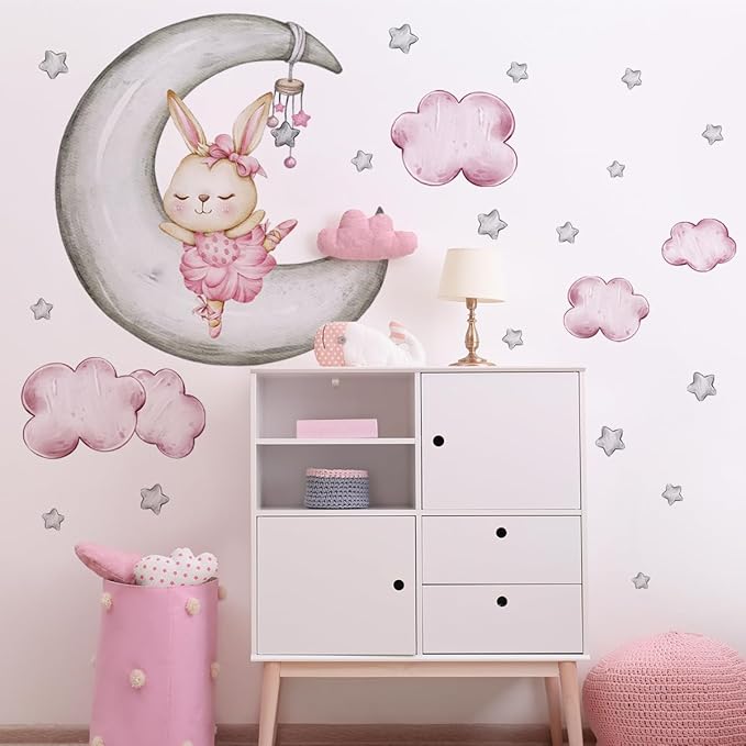 Adorable Rabbit Wall Decals - Moon & Stars Themed - 2 Sheets, 90x35.43cm Each - Easy Peel & Stick for Kids' Room Decor