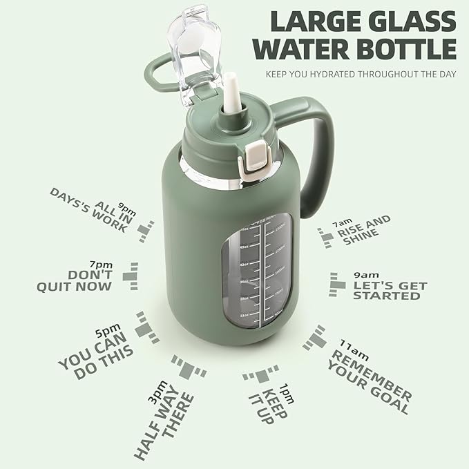 64 oz Glass Water Bolttles Half Gallon Large Motivational Water Bottle with Time Marker Sports Water Bottles with Silicone Sleeve and Handle Lid Water Jug for Gym Workout-1 Pack