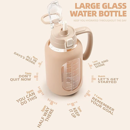 64 oz Glass Water Bolttles Half Gallon Large Motivational Water Bottle with Time Marker Sports Water Bottles with Silicone Sleeve and Handle Lid Water Jug for Gym Workout