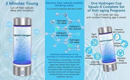 420-450 ml 2024 Glass Hydrogen Generator Water Bottle SPE PEM Technology Water Ionizer, Rechargeable Hydrogen Water Bottle, Hydrogen Rich Water Glass (Silver)