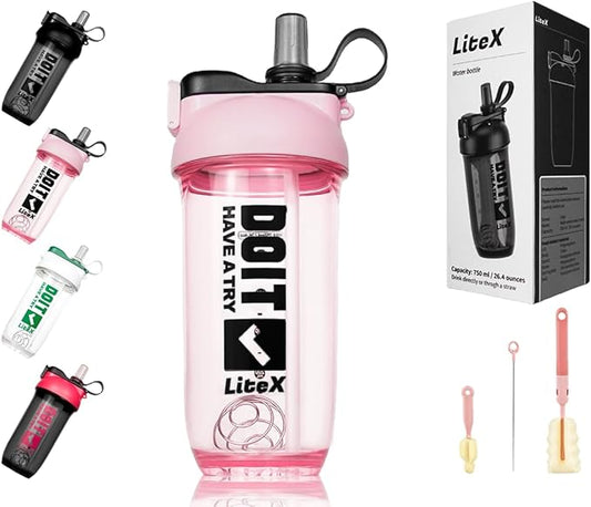 Litex Shaker Bottles for Protein Shakes, 26oz Blender Shaker Bottle for Pre-Workout,Shaker Cups with Straw, BPA-free Tritan Mixer Bottles for Protein Powder,with Cup Brush and Instructions (Pink)