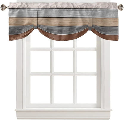 Farmhouse Fall Blackout Tie Up Valance Curtains for Kitchen Windows, Brown Grey Window Toppers Balloon Shades for Living Room/Bathroom/Bedroom,1 Panel,54" X 18" Retro Rustic Barn Wood Texture