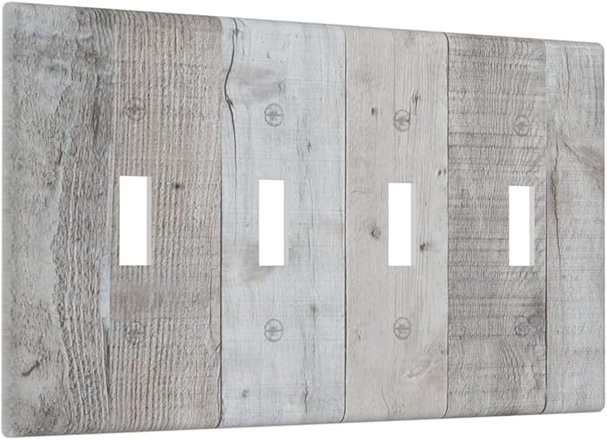 Rustic Grey Wood Shiplap Quad Toggle Light Switch Cover Decorative Vintage Country 4 Gang Wall Plate Electrical Faceplate Switchplate for Farmhouse Bathroom Bedroom Living Room Decor