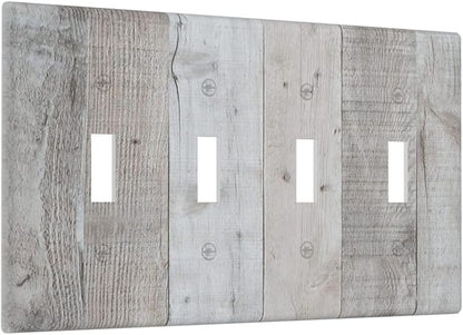 Rustic Grey Wood Shiplap Quad Toggle Light Switch Cover Decorative Vintage Country 4 Gang Wall Plate Electrical Faceplate Switchplate for Farmhouse Bathroom Bedroom Living Room Decor