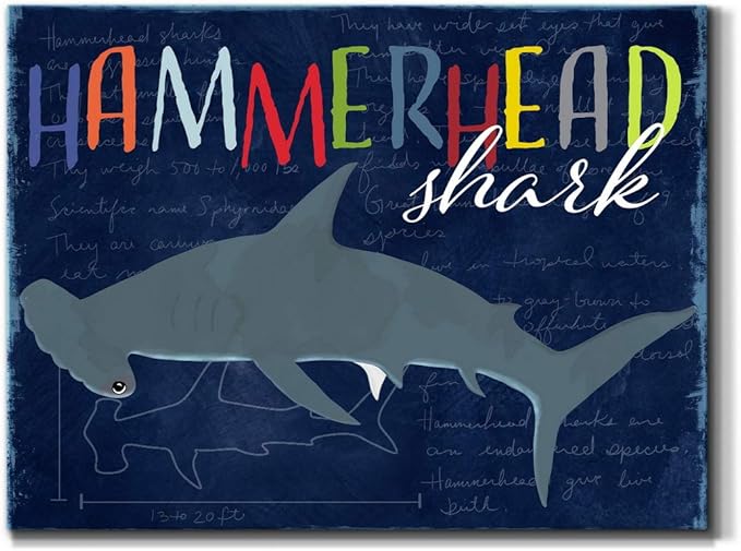 Renditions Gallery Canvas Animal Wall Art Modern Decorations Paintings Colorful Playful Hammerhead Shark Abstract Vibrant Lifestyle Artwork Prints for Kids Bedroom Nursery - 18"x27" LT33