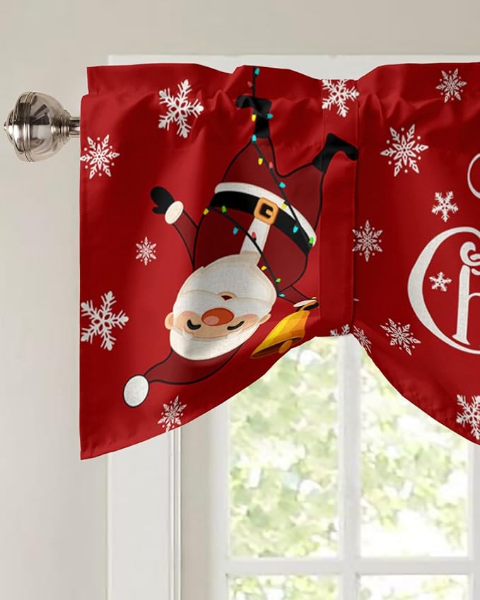 Red Merry Christmas Blackout Tie Up Valance Curtains for Kitchen Windows Funny Hanging Santa Window Toppers Balloon Shades for Living Room/Bathroom/Bedroom,1 Panel, 42" X 12", Snow Winter Holiday