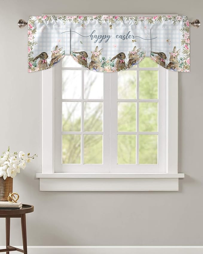 Rabbits Flowers Easter Blackout Tie Up Valance Curtains for Kitchen Windows Eucalyptus Leaf Spring SummerWindow Toppers Balloon Shades for Living Room/Bathroom/Bedroom,1 Panel, 42" X 12",Buffalo Plaid