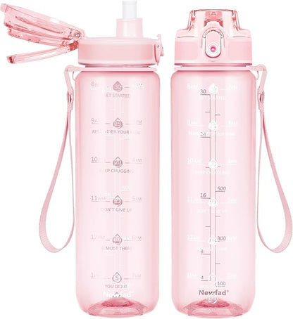 32 oz Water Bottle with Detachable Straw, Clear Motivational Water Bottles with Time to Drink, Tritan & BPA Free Sports Water Jug with Time Marker, Upgraded handle design, Rose Pink