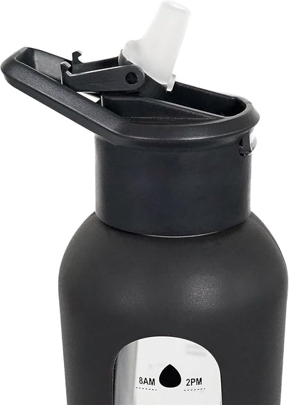 24oz Glass Motivational Water Bottle with Flip Lid Straw, Silicone Protective Sleeve, Handle, Reusable BPA Free (Black)