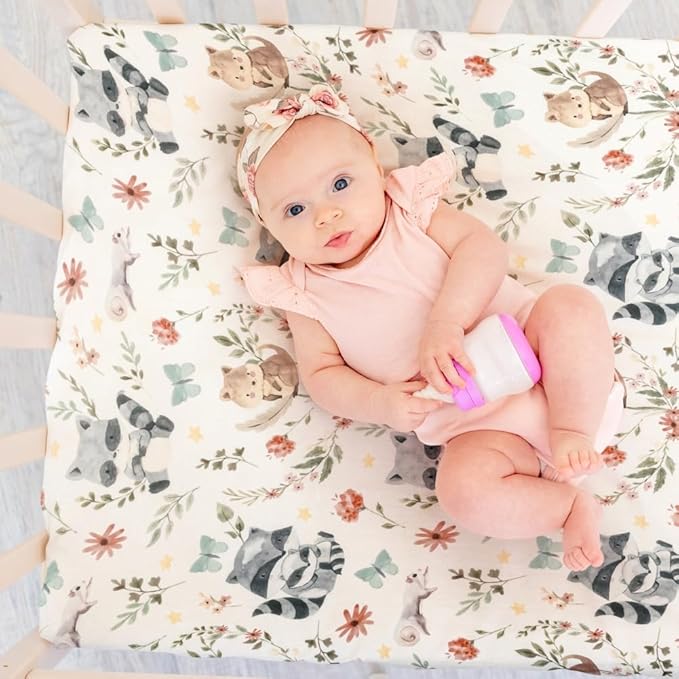 4 Pack N Play Sheets Woodland Forest Animals Wood Neutral Unisex Fitted Baby N Play Sheets Fitted for Standard Pack and Plays and Mini Cribs Set for Baby Boys or Girls (Cartoon Beer)