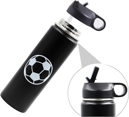 22 oz Soccer Water Bottle, Wide Mouth Travel Sports Flask with 2 Lids（Straw Lid+Flex Cap）BPA Free 18/8 Stainless Steel Double Wall Vacuum Insulated Water Bottles (22oz, Soccer)
