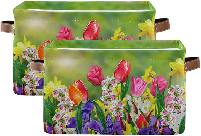 Wamika Spring Tulip Lavender Flowers Storage Basket Fabric Laundry Baskets Green Leaves Herbs Storage Boxes Organizer Bag for Baby Cloth Dog Toy Book Storage Cubes Shelf Closet Bins 16x12x8 Inches