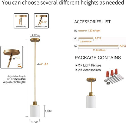 Matte Brass Pendant Lights Kitchen Island - Milk Glass Pendant Light Fixture Multiple Stems Rods 3 Units 12 Inch 3 Units 4 Inch (2 Pack Brass Downrod)