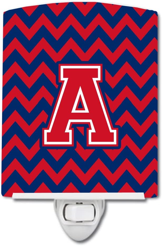 Caroline's Treasures CJ1054-ACNL Letter A Chevron Yale Blue and Crimson Ceramic Night Light Compact, UL-Certified, Ideal for Bedroom, Bathroom, Nursery, Hallway, Kitchen, 6x4x3, Multicolor