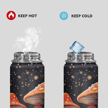 Mushroom Insulated Water Bottle for Women Men 18 Oz Vacuum Water Bottle for Hot & Cold Drinks, Wide Mouth, Great for Travel, Hiking & Camping
