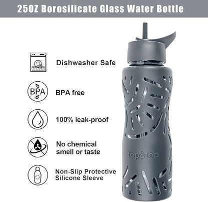 25oz Glass Water Bottles with Silicone Sleeve, 3 Different Lids (BPA Free) for Wide Mouth Glass Drink Bottles for Fitness and Outdoor (Grey)