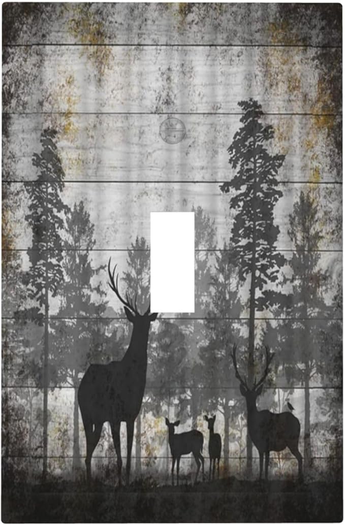 Rustic Deer Forest Vintage Wood Board 1 Gang Boho Light Switch Covers Decorative Country Unique Single Toggle Wall Plate Switchcover Electrical Switchplate for Farmhouse Cabin Decor