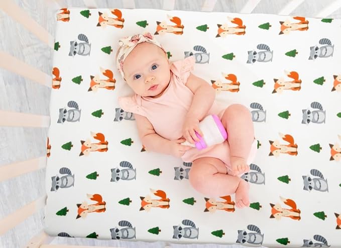 4 Pack N Play Sheets Woodland Forest Animals Wood Neutral Unisex Fitted Baby N Play Sheets Fitted for Standard Pack and Plays and Mini Cribs Set for Baby Boys or Girls