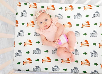 4 Pack N Play Sheets Woodland Forest Animals Wood Neutral Unisex Fitted Baby N Play Sheets Fitted for Standard Pack and Plays and Mini Cribs Set for Baby Boys or Girls