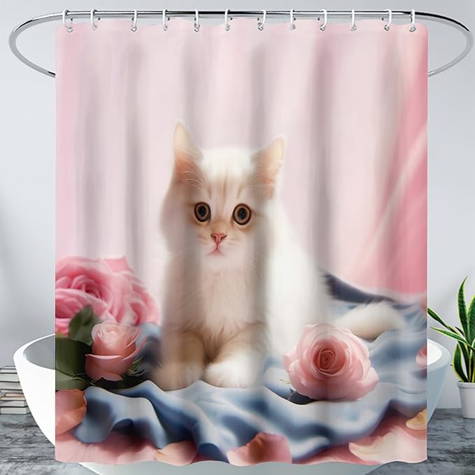 AILONEN 3D Beautiful Cat Shower Curtain,Kawaii Kitten Shower Curtain Set for Kids Boys Girls,Cat Lovers Animal Shower Curtain for Bathroom,Pink Rose Bath Curtain with Hooks,60" W*72" H